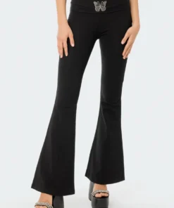 S12198_BLACK Babe Fest Rhinestone Butterfly Flared Pants