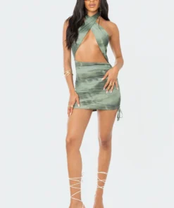 S12101_GREEN Ivy Printed Mesh Mini Dress New In