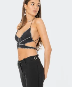 S12156_BLACK Studded Butterfly Top New In