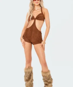 S12203_BROWN Elisha Faux Suede Romper
