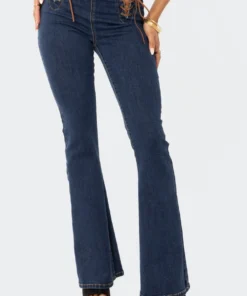 Edikted Shop 58 S12028_BLUE Gini Lace-Up Flared Jeans New In