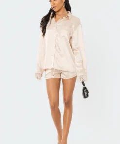 S12002_CHAMPAGNE Dreamy Feathered Satin Shirt Babe Fest