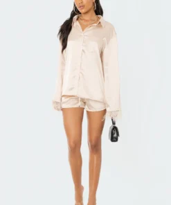 S12002_CHAMPAGNE Dreamy Feathered Satin Shirt Babe Fest