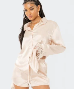 S12002_CHAMPAGNE Dreamy Feathered Satin Shirt Babe Fest