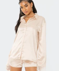 S12002_CHAMPAGNE Dreamy Feathered Satin Shirt Babe Fest