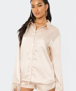S12002_CHAMPAGNE Dreamy Feathered Satin Shirt Babe Fest