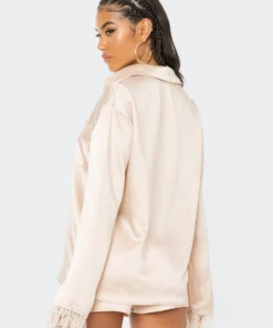 S12002_CHAMPAGNE Dreamy Feathered Satin Shirt Babe Fest