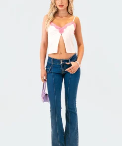 S12301_CREAM Lacey Satin Slit Crop Top New In