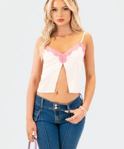 S12301_CREAM Lacey Satin Slit Crop Top New In