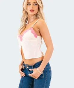 S12301_CREAM Lacey Satin Slit Crop Top New In