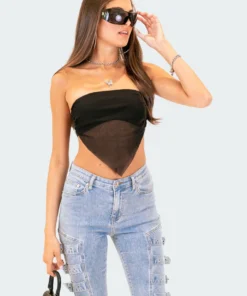S12387_BLACK Strapless Mesh Triangle Top