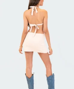 S12296_BEIGE Faux Suede Cut-Out Mini Dress