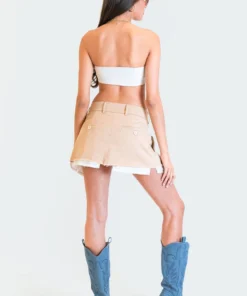 S12320_BEIGE Pleated Cargo Mini Skirt