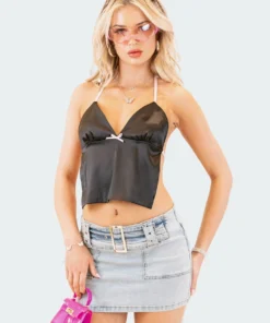 S12144_BLACK Leonie Satin Tie-Up Top