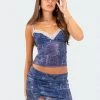 S12283_BLUE Denim Printed Lace Mesh Top New In
