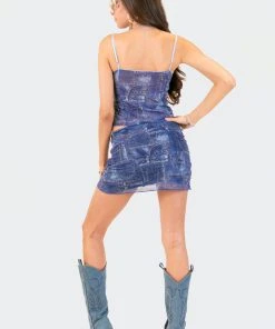 S12283_BLUE Denim Printed Lace Mesh Top New In