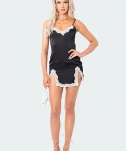 S12149_BLACK Satin Lace Mini Dress