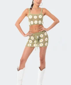 S12086_GREEN Daisy Crochet Mini Skirt Babe Fest