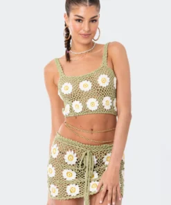 S12084_GREEN Daisy Crochet Crop Top