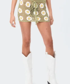 S12086_GREEN Daisy Crochet Mini Skirt Babe Fest
