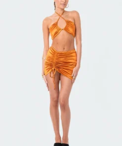 S12205_BRONZE New In Kendra Satin Drawstring Mini Skirt