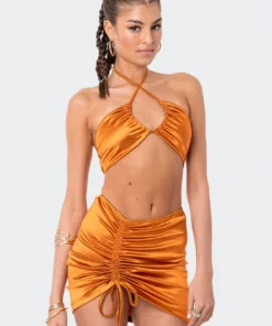 S12205_BRONZE New In Kendra Satin Drawstring Mini Skirt