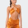 S12204_BRONZE Kendra Satin Halter Crop Top
