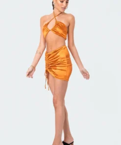 S12205_BRONZE New In Kendra Satin Drawstring Mini Skirt