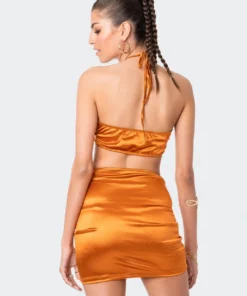 S12205_BRONZE New In Kendra Satin Drawstring Mini Skirt