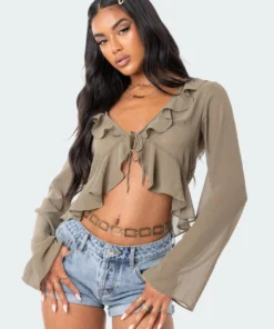 S12074_OLIVE Reese Chiffon Ruffle Top