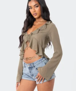 S12074_OLIVE Reese Chiffon Ruffle Top