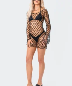 S12181_BLACK Fishnet Beaded Mini Dress New In