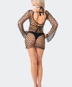 S12181_BLACK Fishnet Beaded Mini Dress New In
