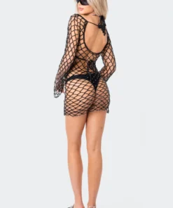 S12181_BLACK Fishnet Beaded Mini Dress New In