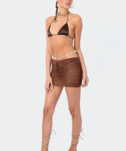 S12206_BROWN New In Theo Crochet Mini Skirt