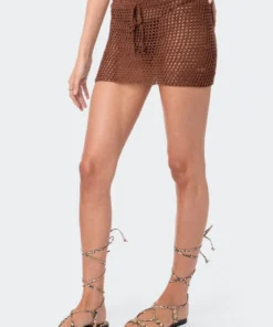 S12206_BROWN New In Theo Crochet Mini Skirt