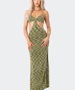 S12070_GREEN New In Alissa Cut-Out Knitted Maxi Dress