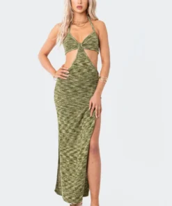 S12070_GREEN New In Alissa Cut-Out Knitted Maxi Dress