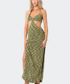 S12070_GREEN New In Alissa Cut-Out Knitted Maxi Dress