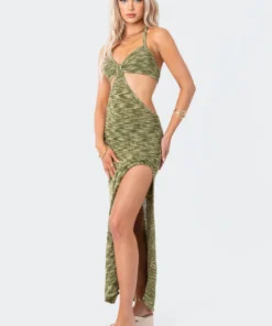 S12070_GREEN New In Alissa Cut-Out Knitted Maxi Dress