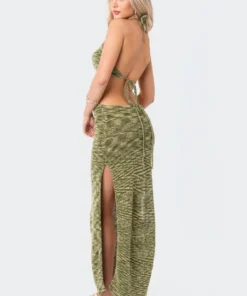 S12070_GREEN New In Alissa Cut-Out Knitted Maxi Dress