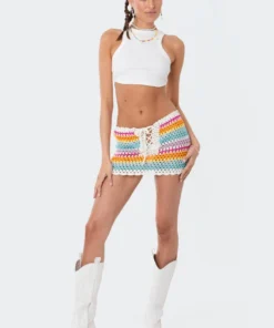 S12237_MIX New In Rainbow Crochet Lace-Up Mini Skirt
