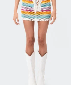 S12237_MIX New In Rainbow Crochet Lace-Up Mini Skirt