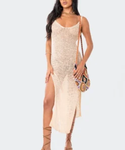 S12227_BEIGE New In Nevea Open-Back Knitted Maxi Dress