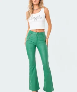 1031_green Luna Faux Leather Flare Jeans