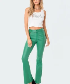 Edikted Shop 31 1031_green Luna Faux Leather Flare Jeans
