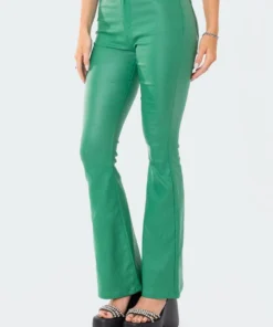 1031_green Luna Faux Leather Flare Jeans