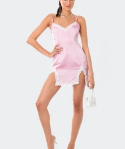 S12149_PINK Satin Lace Mini Dress New In