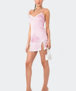 S12149_PINK Satin Lace Mini Dress New In