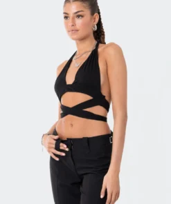 S12113_BLACK New In Nia Strappy Halter Top